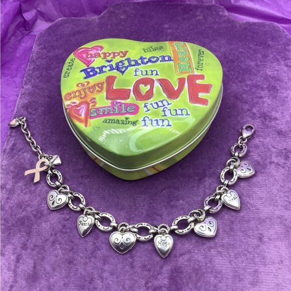 Vintage Brighton Silver and Pink Charm Bracelet Breast Cancer Awareness - Picture 1 of 5